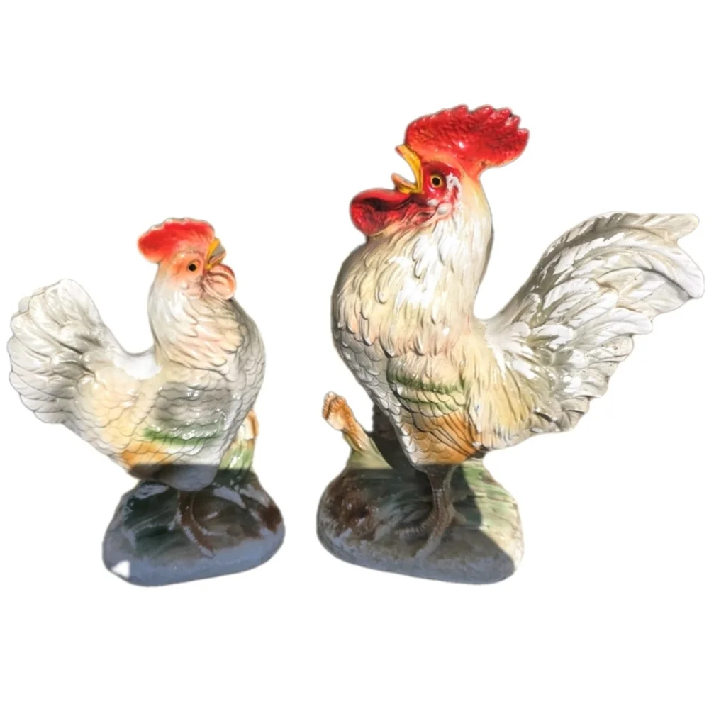 Vintage Rooster and Hen Large Ceramic Figurine 2 pc White Red Gray Antique Decor